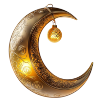 Golden crescent moon with intricate patterns and a hanging ornament png