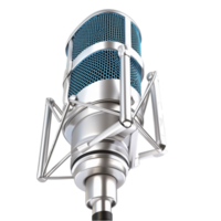 Professional studio microphone with a silver mesh and blue accents png
