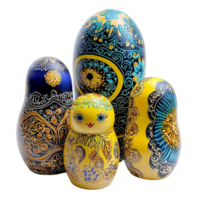 Beautifully designed blue and yellow nesting dolls with ornamental patterns png