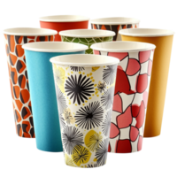 Collection of colorful disposable cups withistic and geometric patterns png