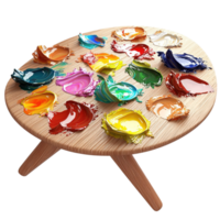Woodenist palette with colorful splashes on a round table png