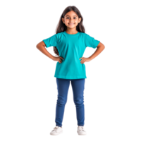 Happy Child in Bright Turquoise T-Shirt and Jeans with Smiling Pose png