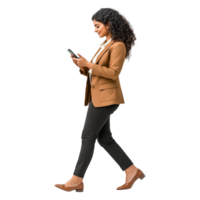 Confident Woman in Business Attire Walking While Using Smartphone png