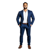 Confident Businessman in Formal Attire Smiling with Hands in Pockets png