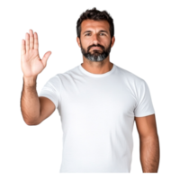 Man with beard showing stop gesture with palm facing forward png