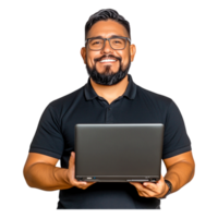 sorridente homem com óculos segurando computador portátil dentro moderno área de trabalho configuração png