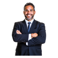 Confident businessman in suit with crossed arms smiling at camera png