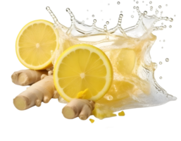 Ginger and lemon slices in water splash, isolated on transparent background png
