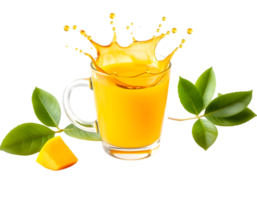 Mango juice splash with leaves isolated on transparent background png