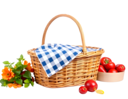 Wicker basket with checkered tablecloth and tomatoes on transparent background png