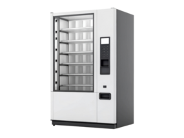 Modern vending machine with glass front and multiple shelves for snacks and drinks png