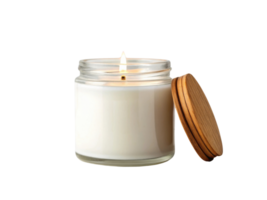scented candle in glass jar with wooden lid, creating warm ambiance png