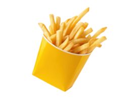 Crispy golden fries in yellow container, perfect for snacking or sharing png