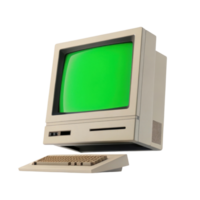 Retro computer with green screen and keyboard, showcasing vintage technology png