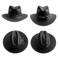 Classic black felt hats in various angles showcasing their elegant design png