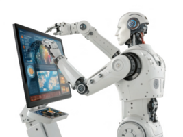 humanoid robot interacting with digital screen, showcasing advanced technology and robotics png
