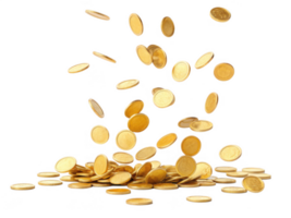 Falling gold coins create dynamic scene of wealth and abundance, isolated on transparency background png