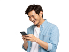 Happy young Asian man using cell phone, smiling joyfully while texting png