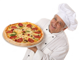 Delicious pizza held by middle aged chef, showcasing fresh ingredients and joyful expression png