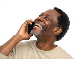 Happy African American man smiling while using cell phone, expressing joy and connection png