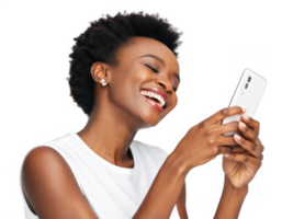 Happy young woman using smartphone, smiling joyfully and enjoying connection png