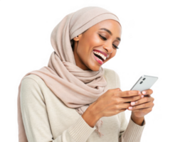 Happy woman using cell phone, smiling with excitement, isolated on transparency background png