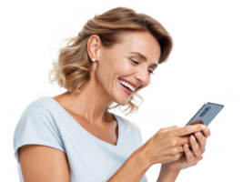 Happy woman using smartphone, smiling joyfully, isolated on transparency background png
