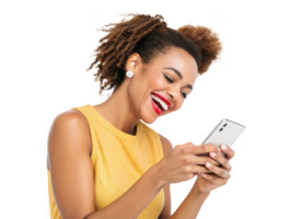 Happy woman using cell phone, smiling with joy, isolated on transparency background png