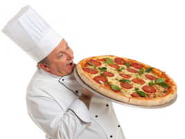 Delighted chef holding large pizza with pepperoni and basil png
