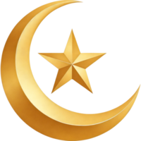 Three Dimensional Render of Golden Crescent Moon and Star Slightly Tilted png
