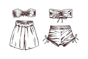 Hand drawn monochrome sketch of summer swimwear set with shorts and bikini tops vector