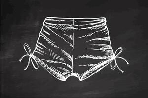 Hand drawn sketch of tied beach shorts in monochrome vintage style on chalkboard background vector