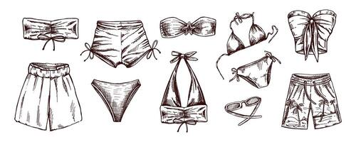 Hand drawn monochrome sketch of summer beachwear set with bikinis and shorts vector