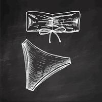 Hand drawn sketch of bandeau bikini set with bow detail in monochrome vintage style on chalkboard background vector