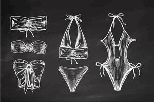 Hand drawn monochrome swimwear collection with bikinis and swimsuits on chalkboard background vector