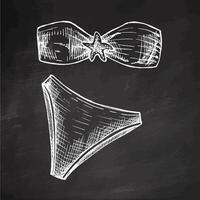 Hand drawn sketch of bandeau bikini set with starfish detail in monochrome vintage style on chalkboard background vector