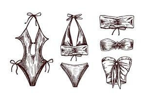 Hand drawn monochrome sketch of stylish summer swimwear collection with bikinis and one-piece vector