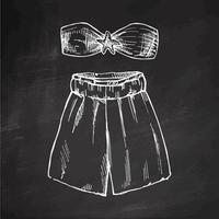 Hand drawn sketch of summer outfit set with bandeau top and wide-leg shorts in monochrome vintage style on chalkboard background vector