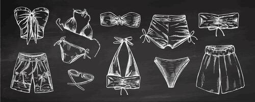 Hand drawn monochrome swimwear set with bikinis and accessories on chalkboard background vector