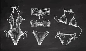Hand drawn monochrome swimsuit collection with bikinis and one piece on chalkboard background vector