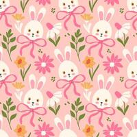 Seamless spring pattern with cute bunnies with bows and flowers vector