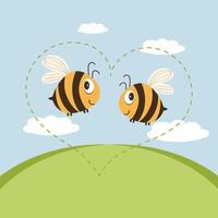 Illustration, cute funny bees in a dotted heart on the background of a summer landscape. Happy concept, childrens print, colorful background vector