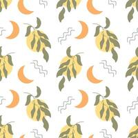 Seamless pattern in boho style, moon, sun, waves and branches with leaves. Vintage texture, background, textile vector