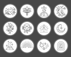 Bohemian linear logos, icons and symbols with sun, moon, flowers, heart design templates, geometric abstract design elements for decoration. vector