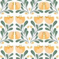 Seamless pattern, orange vintage flowers with leaves in squares. Print, background, textile vector