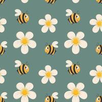 Seamless pattern, cute cartoon bees with daisies on a green background. Print, holiday background, textile vector