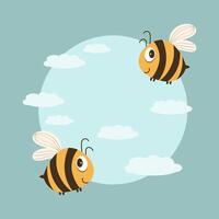 Illustration, cute funny bees on the background of a summer landscape and a place for text. Card, childrens print, colorful background vector