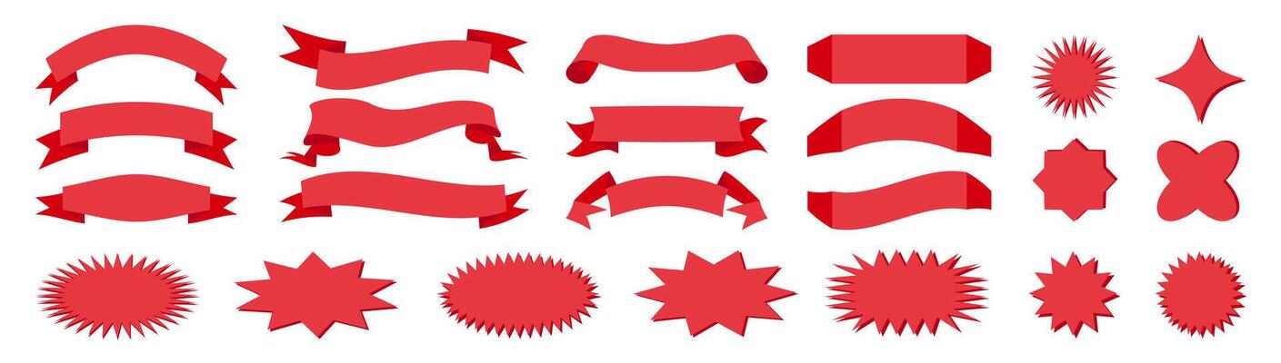 Red ribbon banner set. Ribbon for text, price tag, sale and advertising label, discount.set of red ribbons and stars on white background
