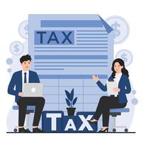 Illustration of a businessman reviewing documents with a calculator and files, representing tax planning and report management. vector