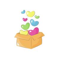 Open box with flying hearts. Open cardboard box with colorful hearts isolated on white. Love concept. Design for valentine's day. vector
